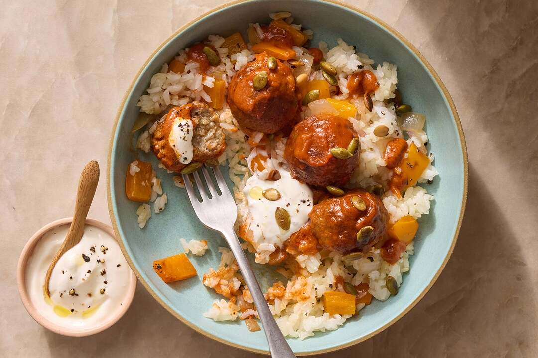 Smoky Poblano Sausage Meatballs & Pepper Rice