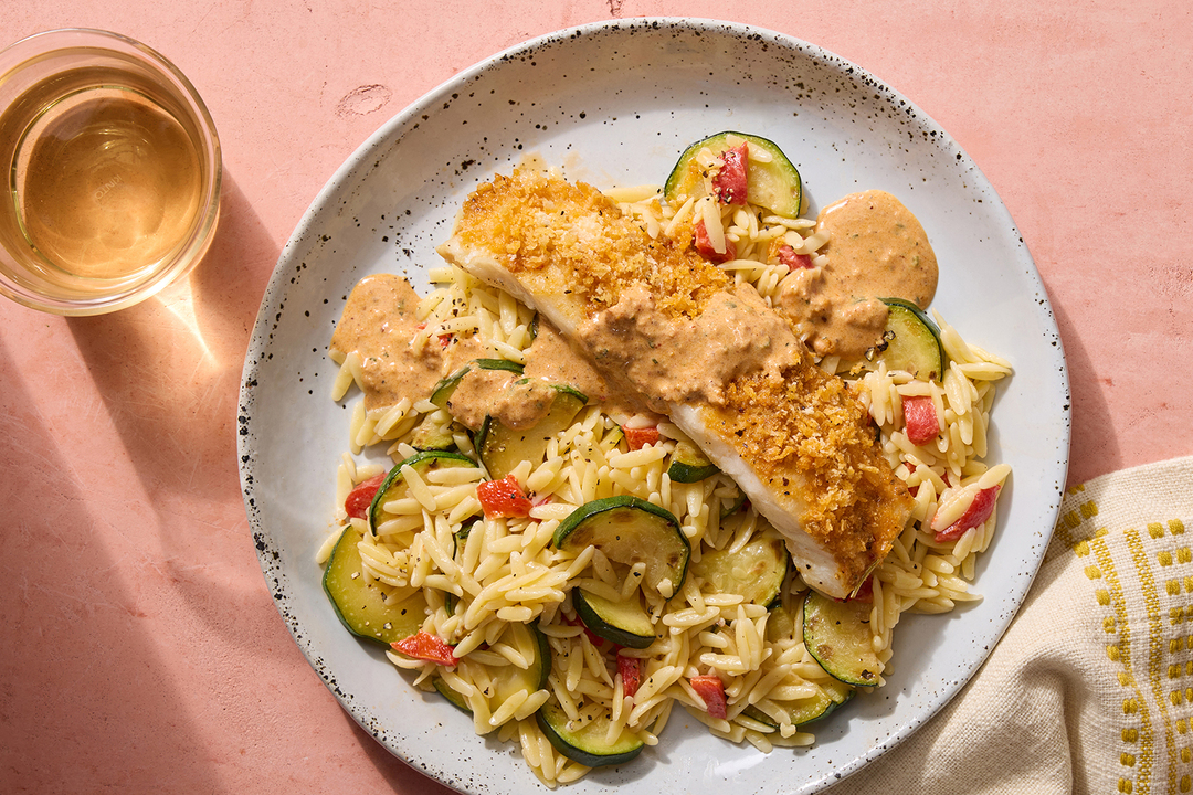 Crispy Roasted Cod & Veggie Orzo