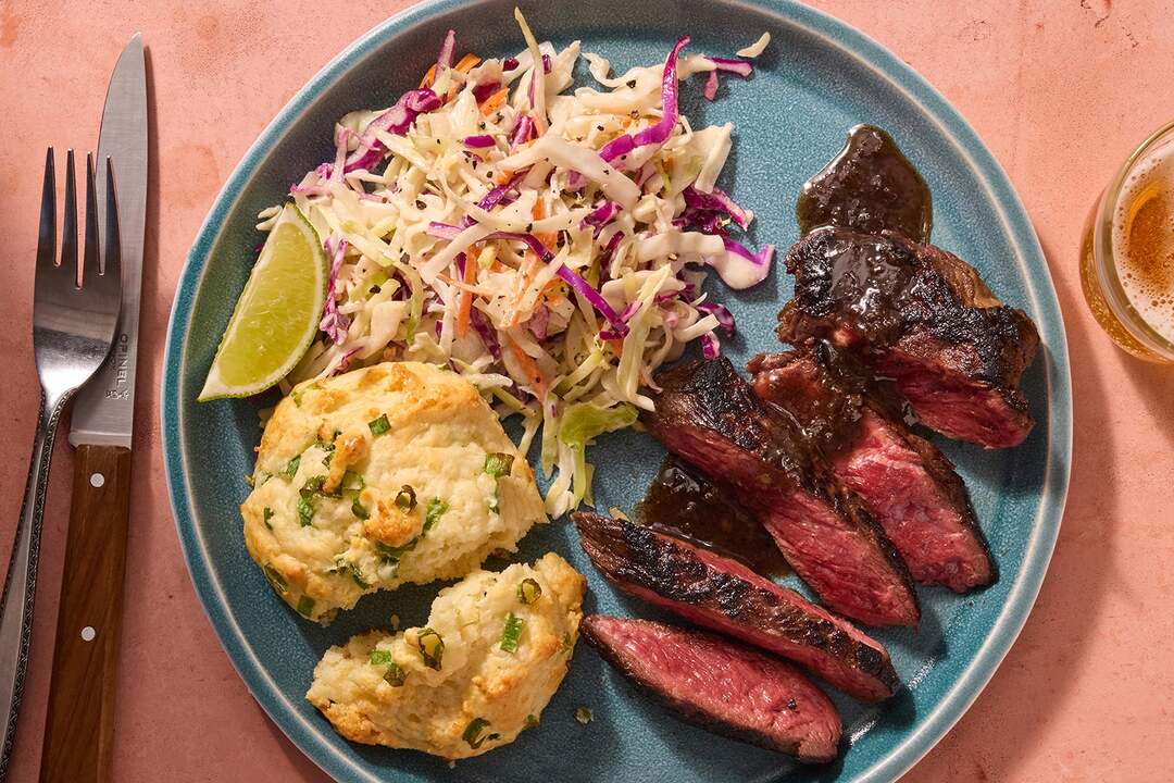 Jerk Steaks & Scallion Biscuits