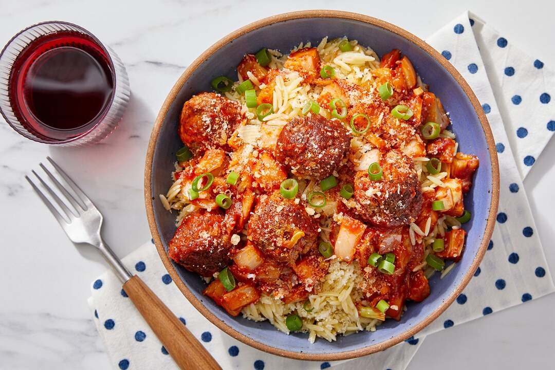 Hot Italian Sausage Meatballs & Garlic-Herb Orzo