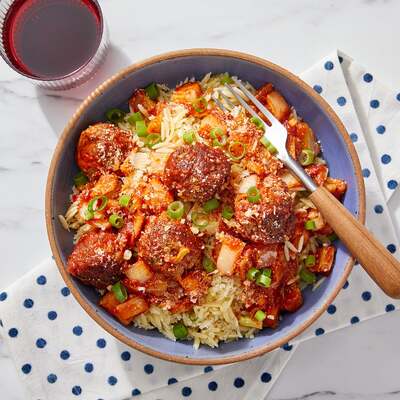 Hot Italian Sausage Meatballs & Garlic-Herb Orzo