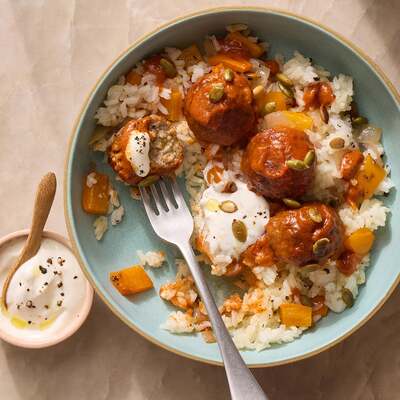Smoky Poblano Sausage Meatballs & Pepper Rice