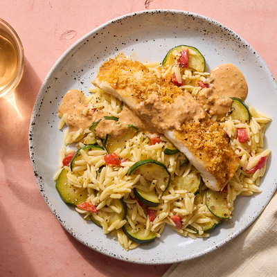 Crispy Roasted Cod & Veggie Orzo