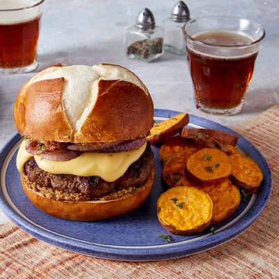 Pretzel Burgers & Cheddar Cheese Sauce