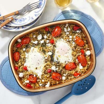 Oven-Baked Salsa Verde Orzo & Eggs