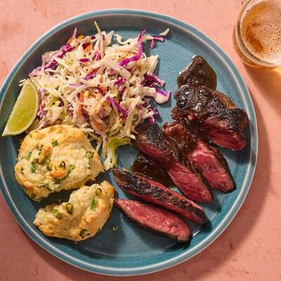 Jerk Steaks & Scallion Biscuits
