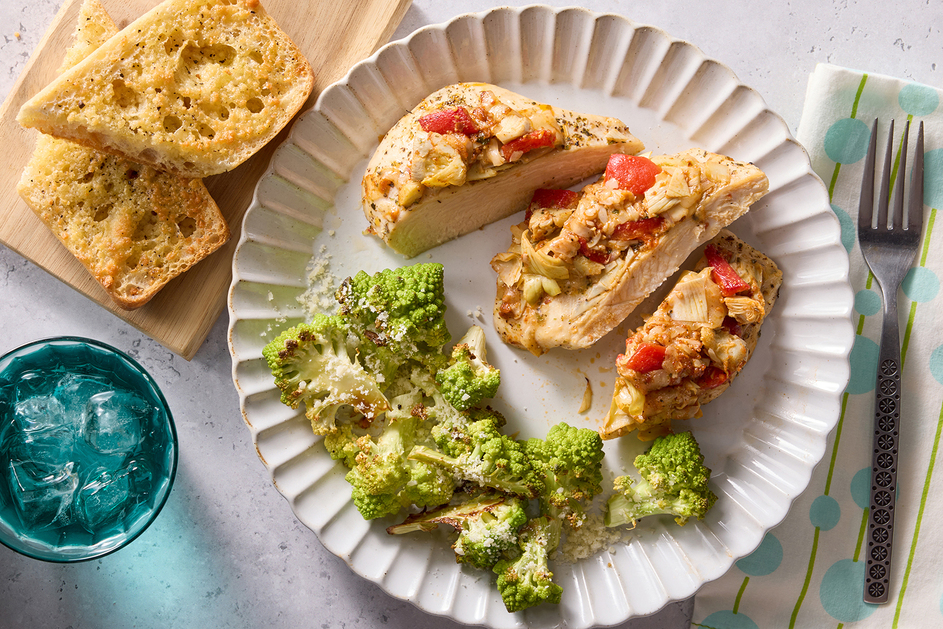 Cheesy Artichoke & Romesco Baked Chicken