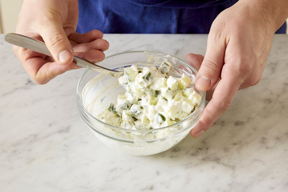 recipe-step-image-Make the cucumber-yogurt sauce & plate your dish:}